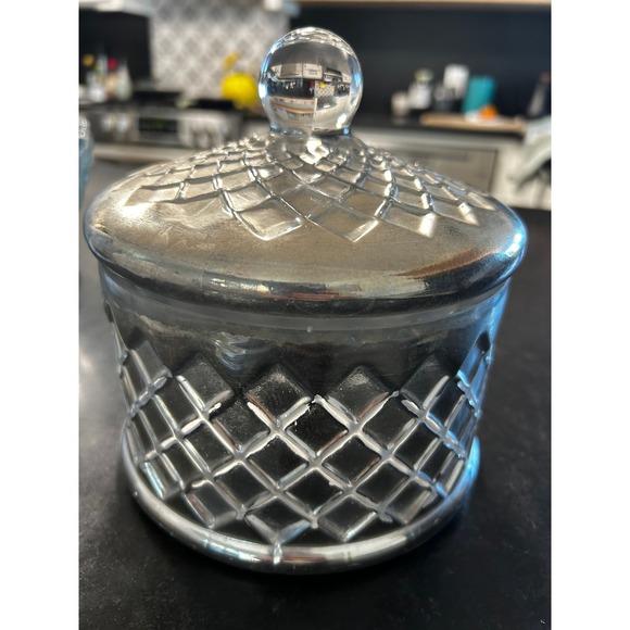Other - Silver Mercury Glass Apothecary Jar Diamond Quilted Decorative Canister with Lid
